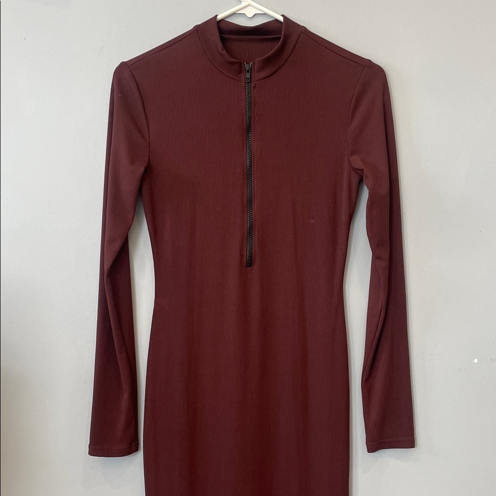 Brown ribbed Long Sleeve Dress maxi style fitted